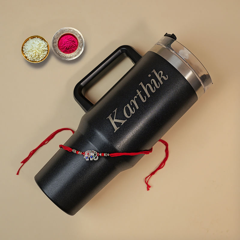 Classy Black Tumbler With Beaded Rakhi