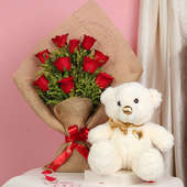 Out Of The Box - 12 Inch Teddy with Bouquet of 10 Red Roses