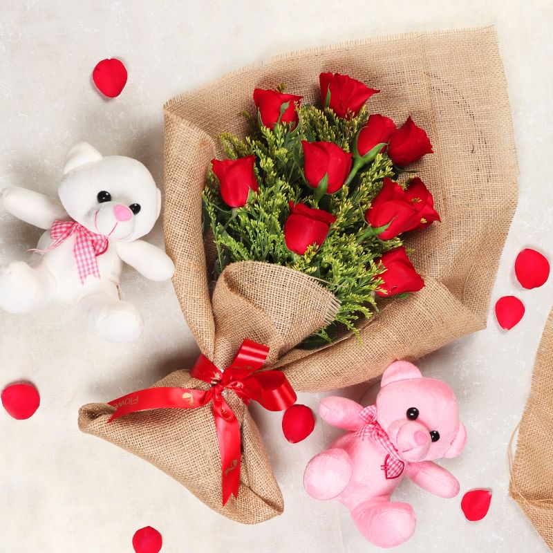 Rosey Twin Combo - Two 6 Inch Teddies with Bouquet of 10 Red Roses