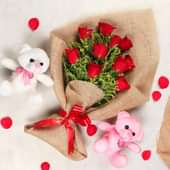 Rosey Twin Combo - Two 6 Inch Teddies with Bouquet of 10 Red Roses