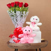 Twinning In Love Combo - Two 6 Inch Teddies with Bunch of 10 Red Roses