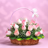 20 Baby Pink Roses in Round Handle Flower Basket