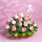 20 Baby Pink Roses in Round Handle Flower Basket