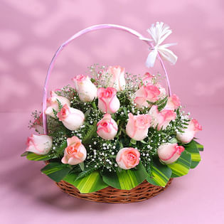 20 Baby Pink Roses in Round Handle Flower Basket