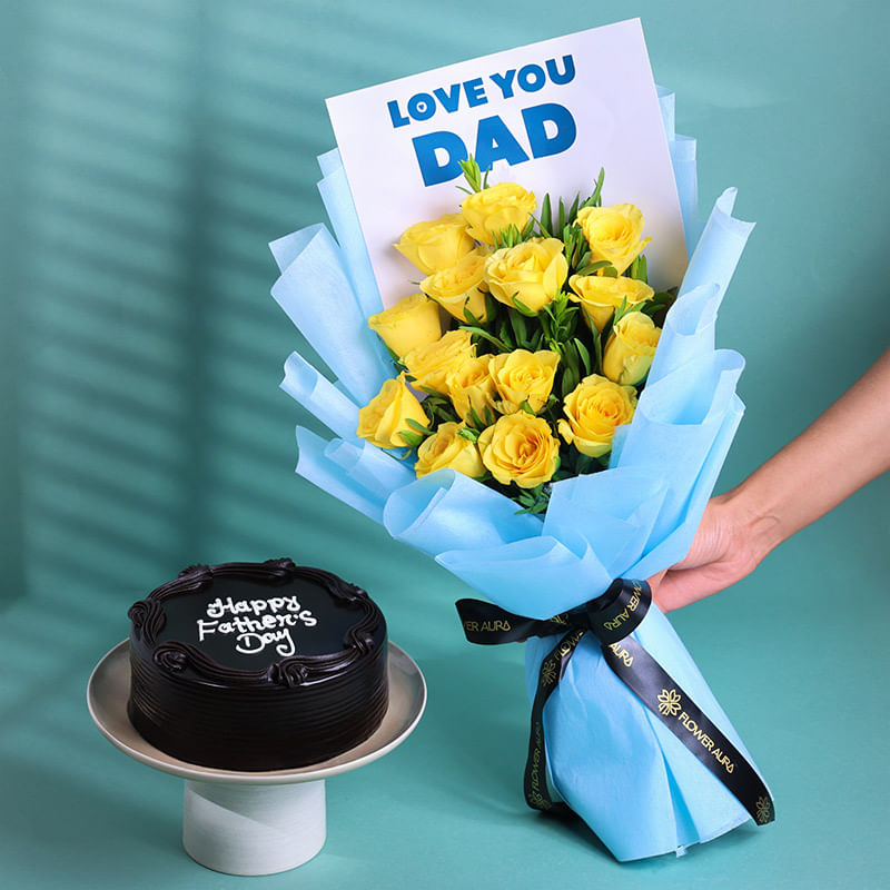Yellow Rose Bouquet & Chocolate Cake Combo