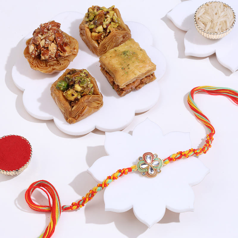 Floral Kundan Rakhi With Baklawas