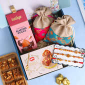 Three Divine Rakhis With Dry Fruits N Dhoda Gift Hamper