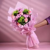 Combination Of 5 Mix Daisy n 5 Pink Roses In Pink Cina Paper