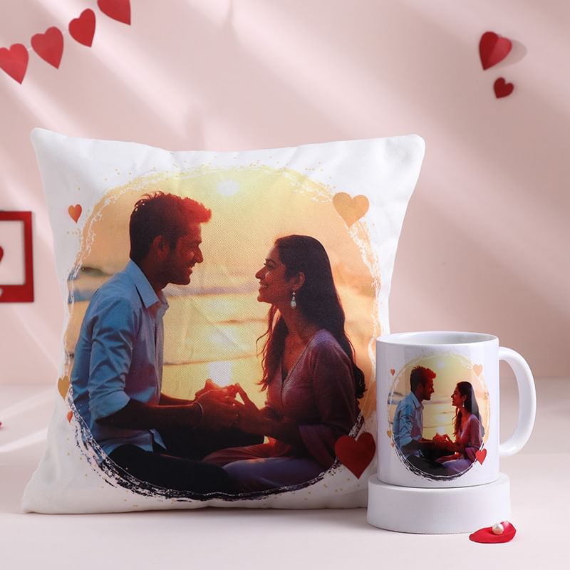 Personalized cushion and mug set with love-themed design