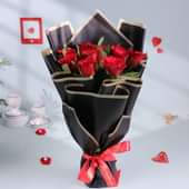 10 Red Rose In Black China Paper With Red Ribbon