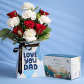 Elegant Red N White Blooms With Love You Dad Box And Floral Tea
