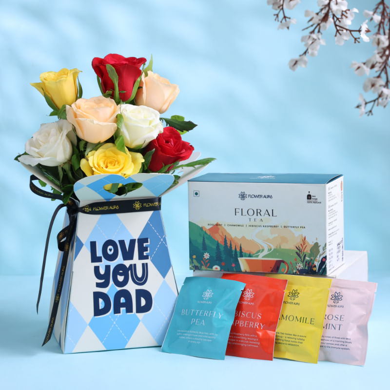 Floral Tea N Mixed Roses Gift Box For Dad