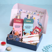 Rakhi Hamper with 2 Rakhis Almond n Hazelnut Rocks Roli n Card