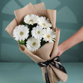 Elegant White Gerbera Bouquet in Jute Wrap