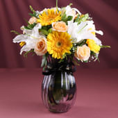 Sunshine Gerberas & Peach Roses with White Lilies in Vase