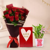 Lucky Bamboo Plant & Red Roses With Card