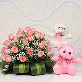 Pinky White Rose Combo - Two 6 Inch Teddies with Arrangement of 30 Pink Roses in a Basket