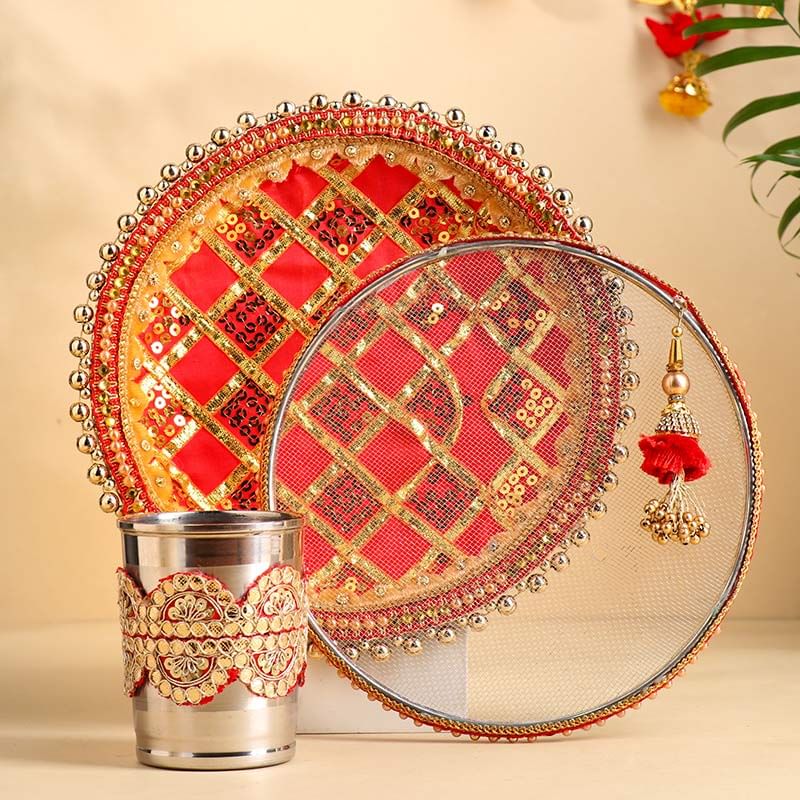 Red Ethnic Karwa Chauth Thali Set