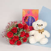Made For You Combo - A gift hamper of 12 red roses with a teddy bear and Cadbury celebrations chocolates