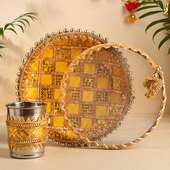 Yellow Karwa Chauth Thali Chalni N Glass