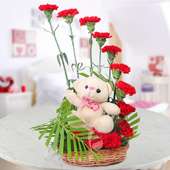 Arrangement of 12 Red Carnations with 6 inches white teddy:Teddy with Flowers