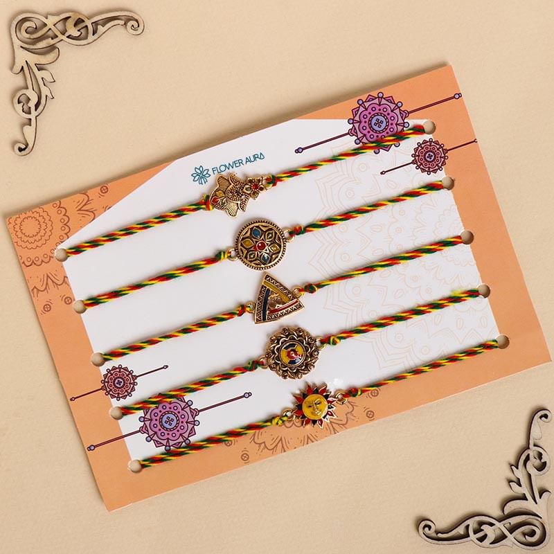 Top View of Five Designer Rakhis in Packing