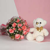 Crazy For Pink And You - Bunch of 12 pink roses and a 12 inch teddy