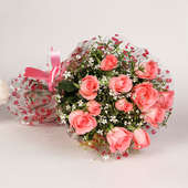 Front view of bunch of 12 pink roses - A gift of Crazy For Pink And You