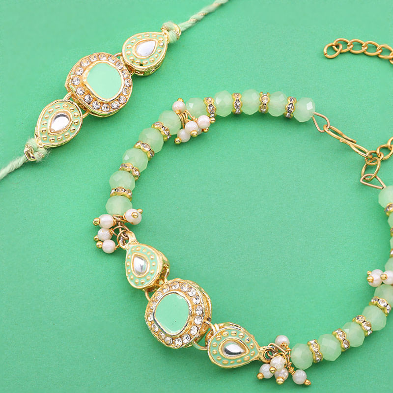 Green Stone Rakhi for Bhai and Bhabhi