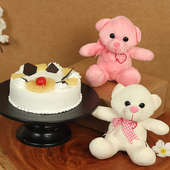 Duo Teddy Mango Ready - Two 6 Inch Teddies with 500gm Pineapple Cake