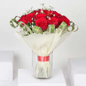 Bunch of 26 Red Roses in Glass Vase with Front View