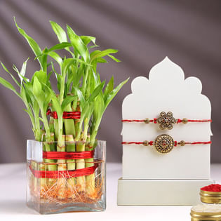 Golden Designer Rakhi Duo With Lucky Bamboo