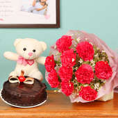 Cuddly Choco Hamper - 10 pink carnation flower with half kg chocolate cake and teddy for valentine