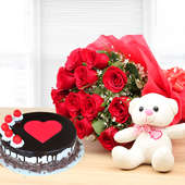 Red Roses N Black Forest: Bouquet of Twelve Red Roses, Black Forest Cake and 6-Inch Teddy