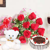 Rose Bouquet With Teddy N Cake - Bunch of 10 Red Roses with 500gm Black Forest Cake