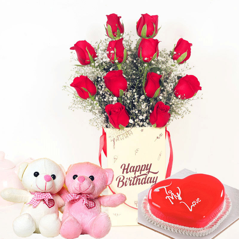 Order Combo Of Red Rose Box With Heart Shaped Cake N Teddy