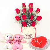 Red Rose Box With Heart Shaped Cake N Teddy - Bunch of 12 Red Roses with Birthday Flower Box and 500gm Heart Shaped Red Velvet Love Cake