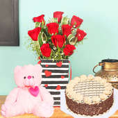Rose Box With Rich Cake N Teddy Bear - Bunch of 10 Red Roses with Love Flower Box and 500gm Chocolate Cake and Pink Teddy