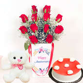 Anniversary Red Rose Box With Cake N Teddy - Bunch of 12 Red Roses with Anniversary Flower Box and 500gm Strawberry Cake and Teddy