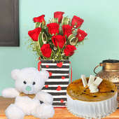 Red Rose Box With Teddy N Cake - Bunch of 10 Red Roses with Love Flower Box and 500gm Coffee Cake and Teddy