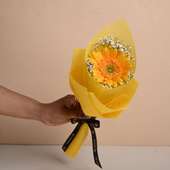 One Yellow Gerbera With Yellow Paper Packing And Fa Black Ribbon