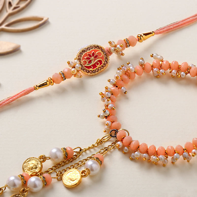 Peach Bhaiya Bhabhi Rakhi Set