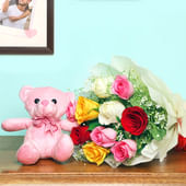 Colourful Love Hamper:Teddy bear with Mixed Roses