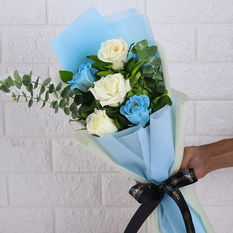 Elegant Blue & White Rose Bouquet