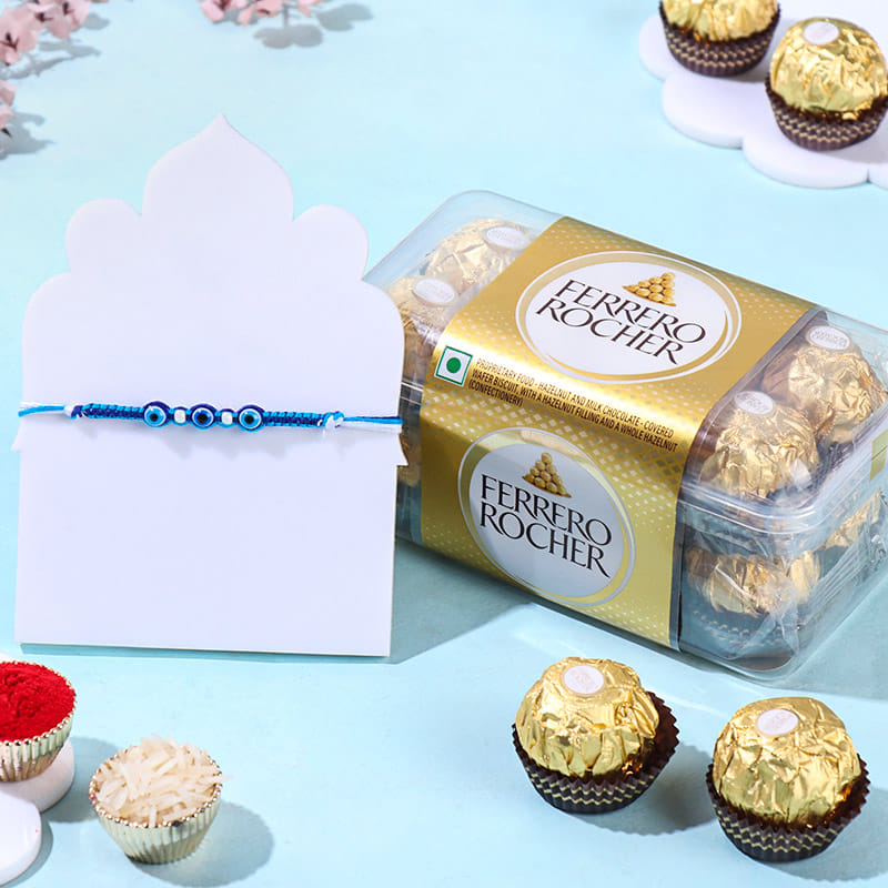 Minimalist Evil Eye Rakhi With Chocolate