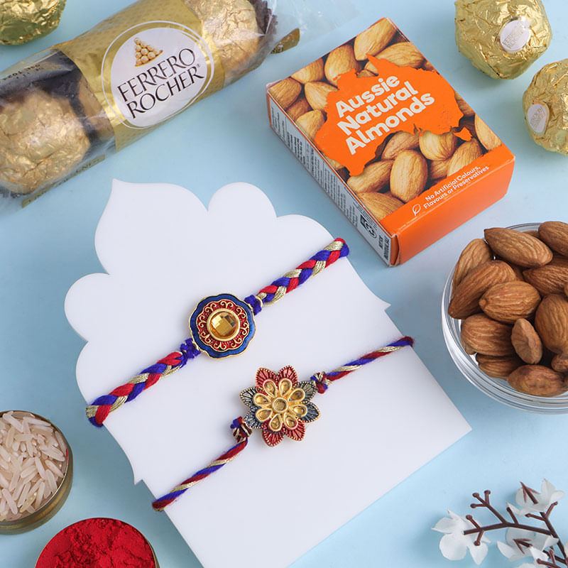 Two Traditional Rakhis With Chocolate N Almonds
