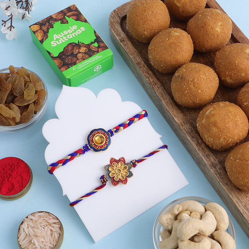 Two Ethnic Rakhis With Dry Fruits N Besan Laddu