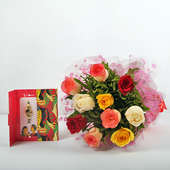 Bunch of 10 Mixed Color Roses with Rakhi and Roli Chawal