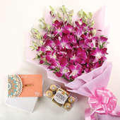 Rakhi With Six Orchids N Ferrero Rocher Box