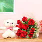 Cuddly Roses Combo - A Bunch of 12 red roses and a cute 6 inch teddy